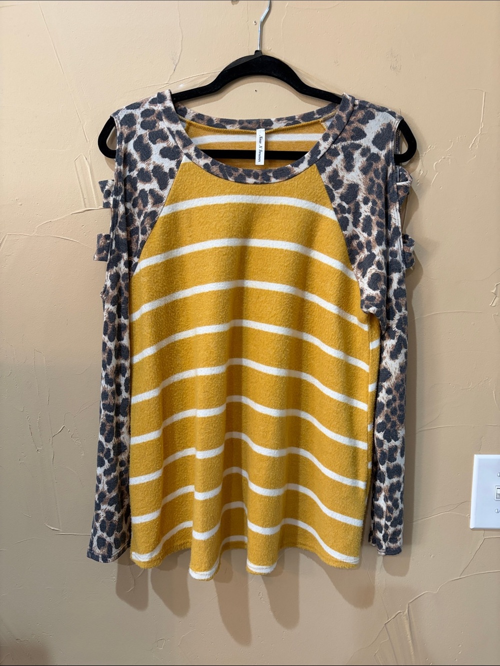 Now and Forever 21 Mustard Yellow Stripe Sweater with Leopard Sleeves